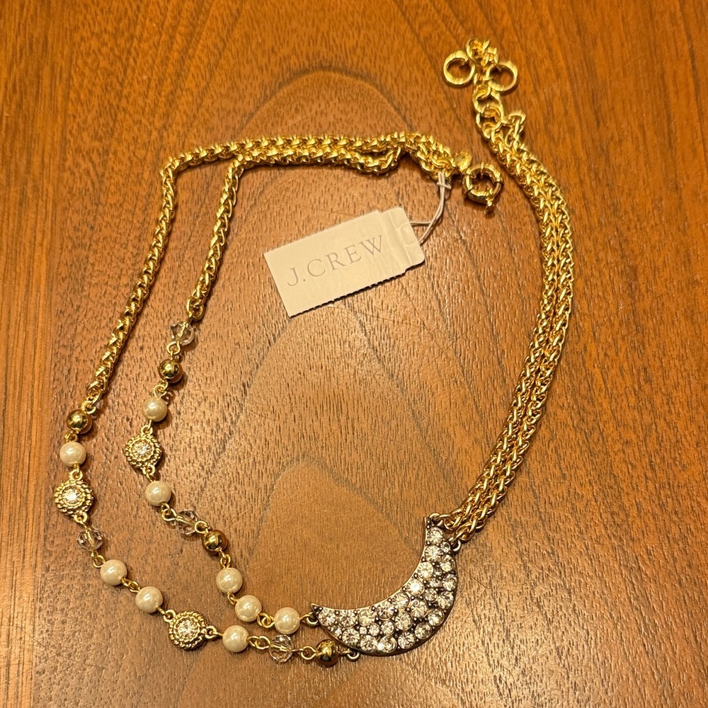 J. Crew Gold and Crystal Crescent Necklace